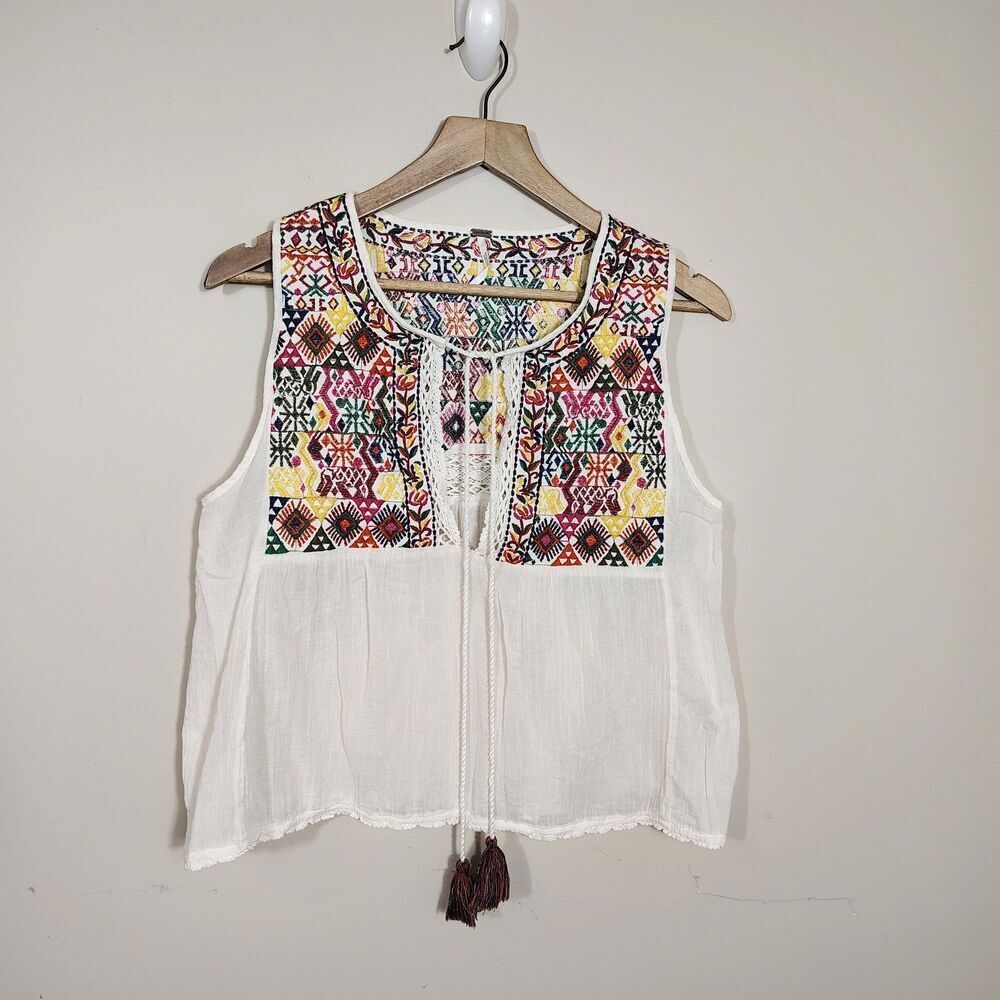 Free People Boho Embroidered Peasant Tank Top Size M Cream Festival - Picture 2 of 9